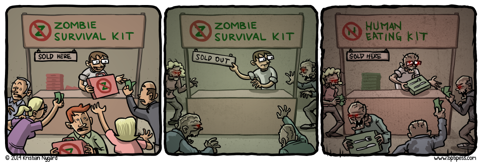 The zombies used brain chunks as currency for a while, until it started rotting away in brain banks. The zombies used brain chunks as currency for a while, until it started rotting away in brain banks.