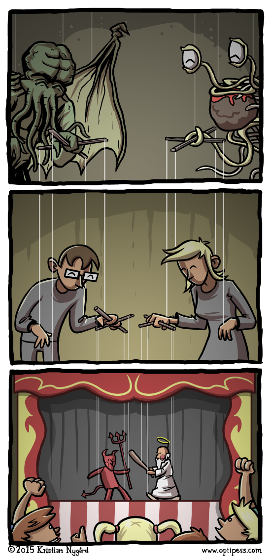 And in the extra panel high above, the cartoonist looms ominously… with a trembling string attached to his drawing arm.