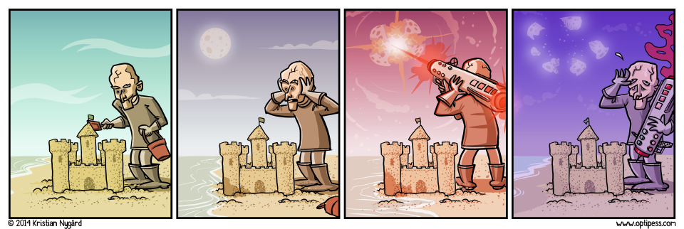 Later he blew up all of Earth except for the sand castle to make sure he could preserve it.