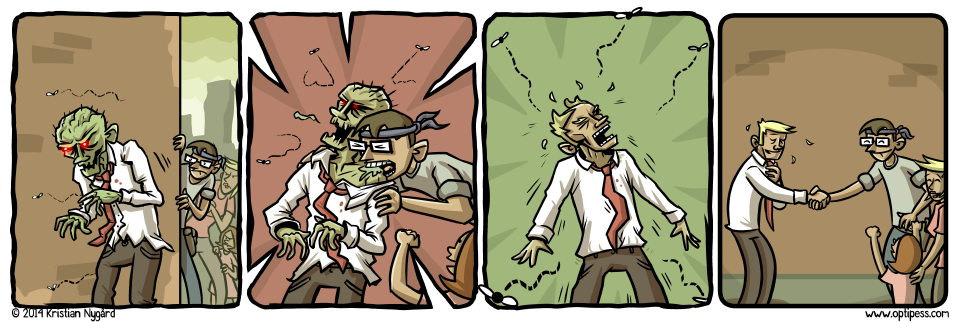 Of course, he went straight back to being a zombie just a few hours later. (That is, he went back to his office job.)