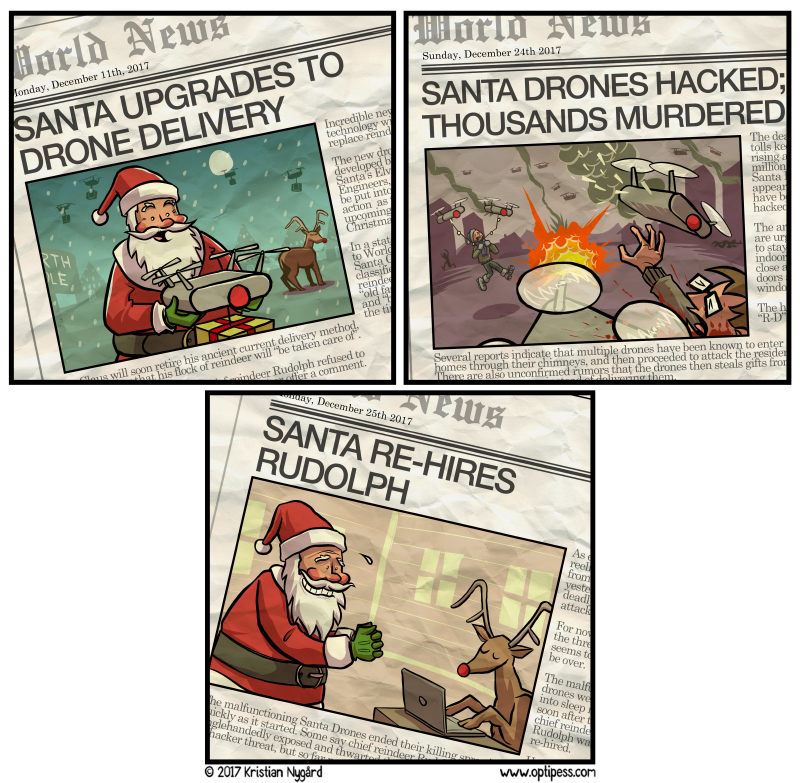 It was certainly lucky that Rudolph had spent his hiatus learning network engineering so he could stop the malfunctioning drones in time! The hacker known as ”R-D” was never found.
