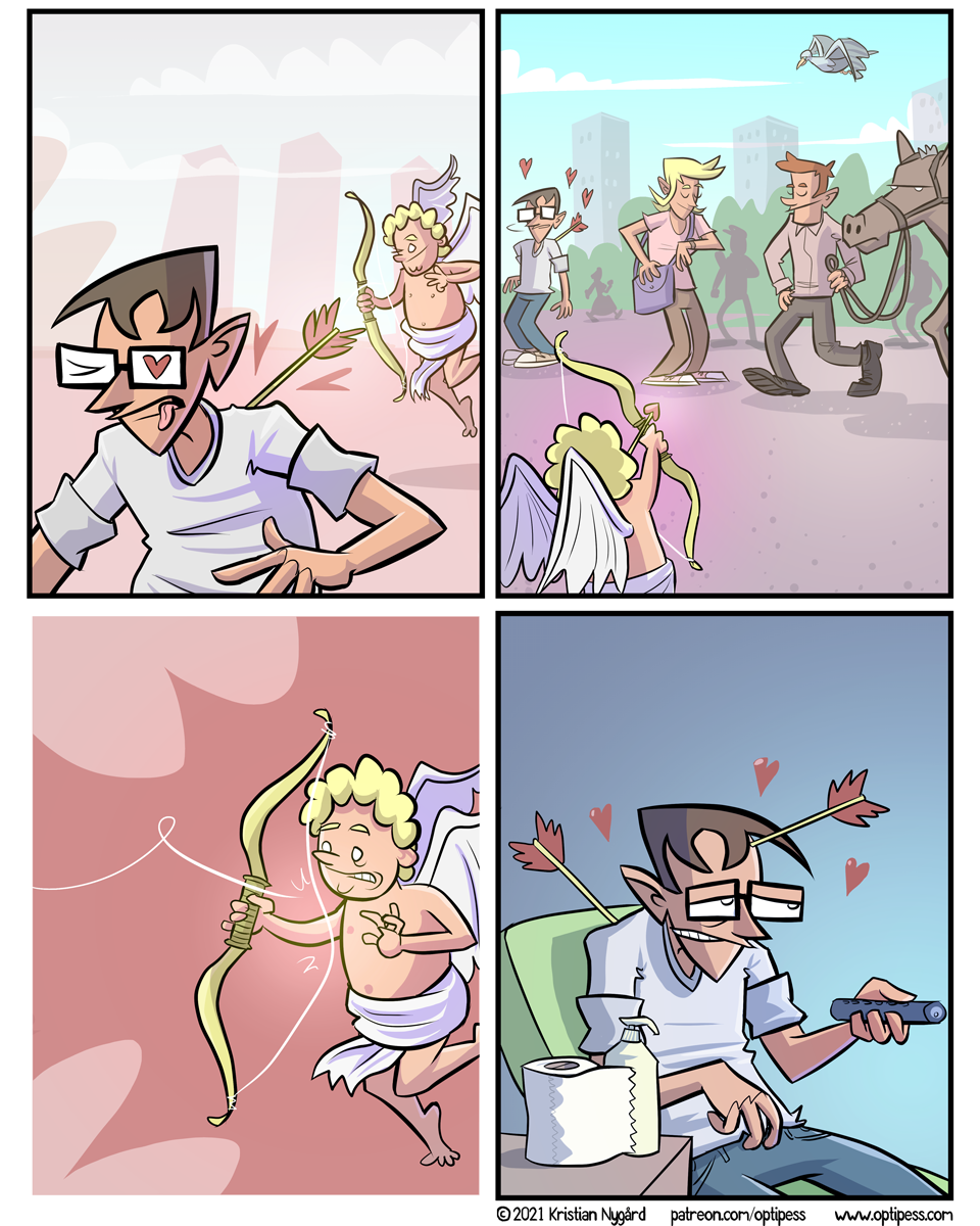 The guy and girl in the second panel later got together. That goes for the bird and the horse as well.