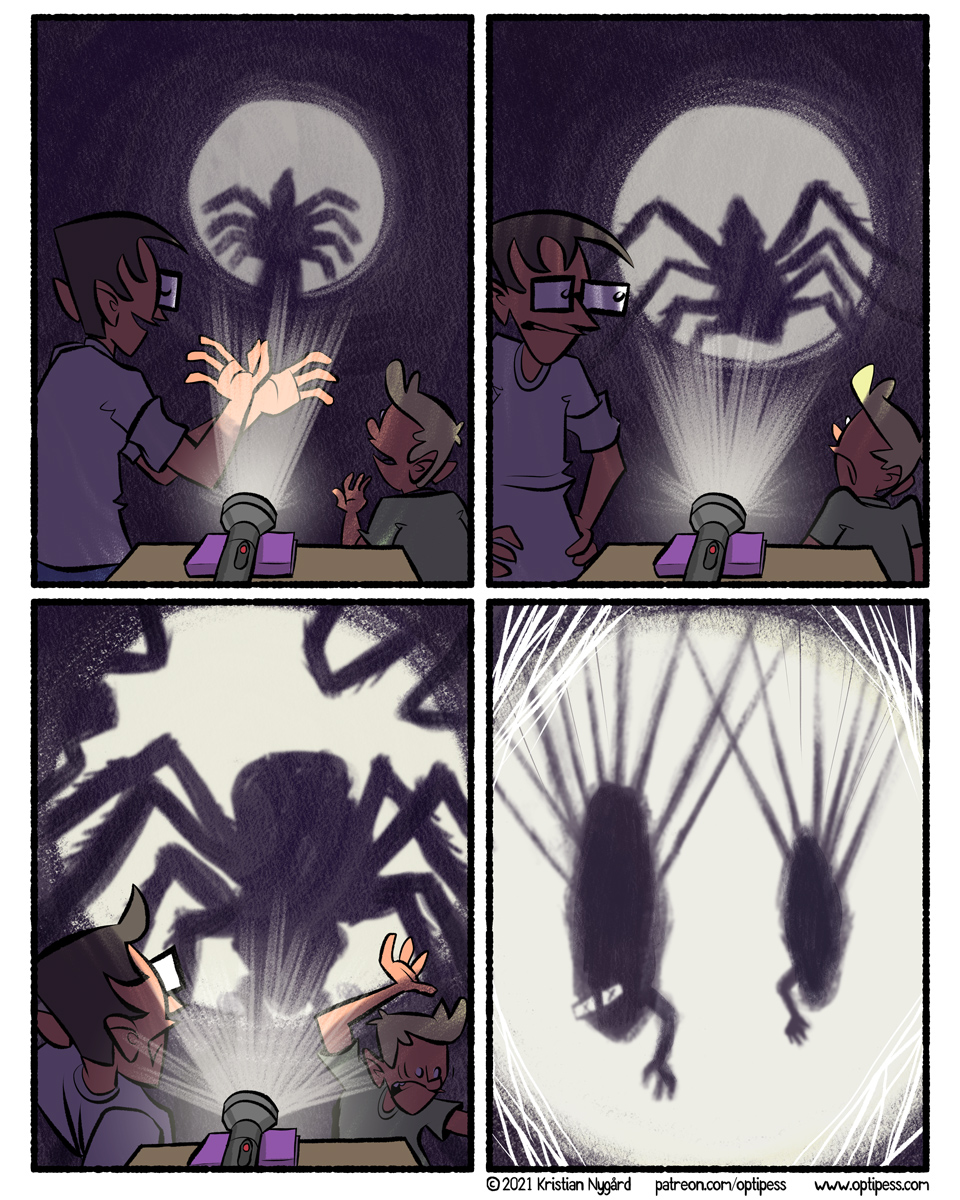 The shadow spiders would also pose the (dead) human hands in different poses to create various embarrassing human figures.