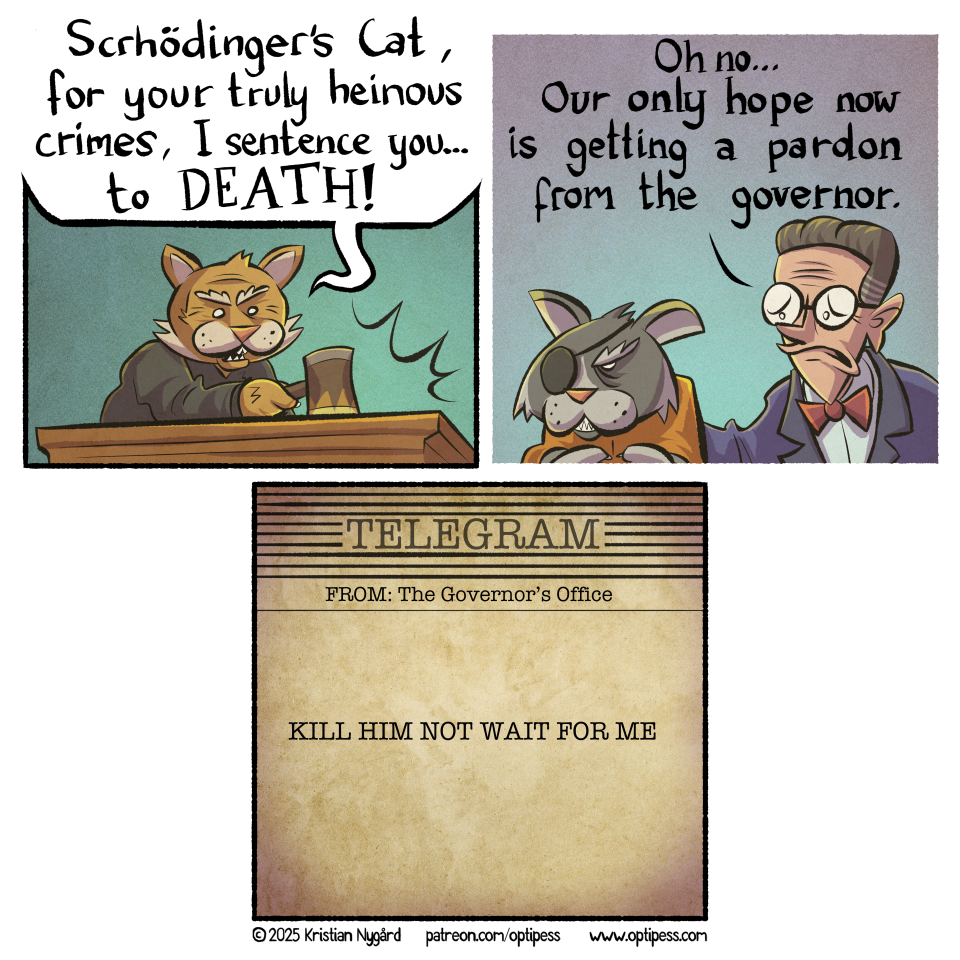 Unsure what to do, officials put the cat in unobserved solitary confinement, coincidentally also with a flask of poison and a radioactive source connected to a Geiger counter.